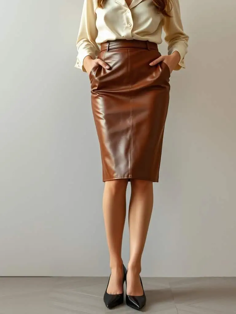 5. Leather Pencil Skirt and Silk Blouse