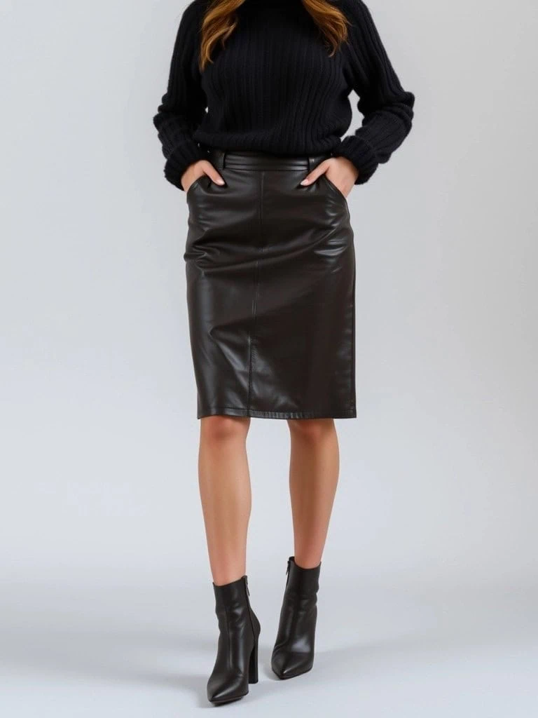 14. Turtleneck Sweater and Leather Skirt