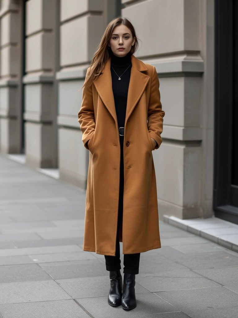 20. Camel Coat Over All-Black Ensemble