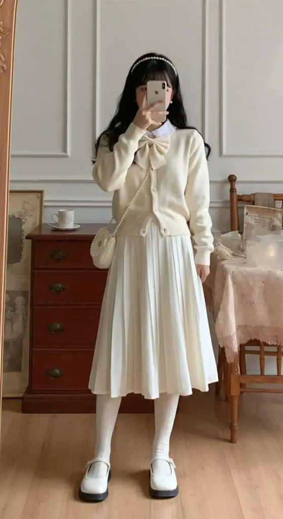 Bow-Adorned Cardigan with Pleated Skirt