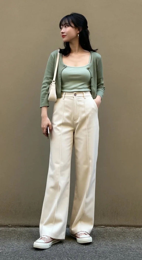 Wide-Leg Trousers with Cropped Cardigan