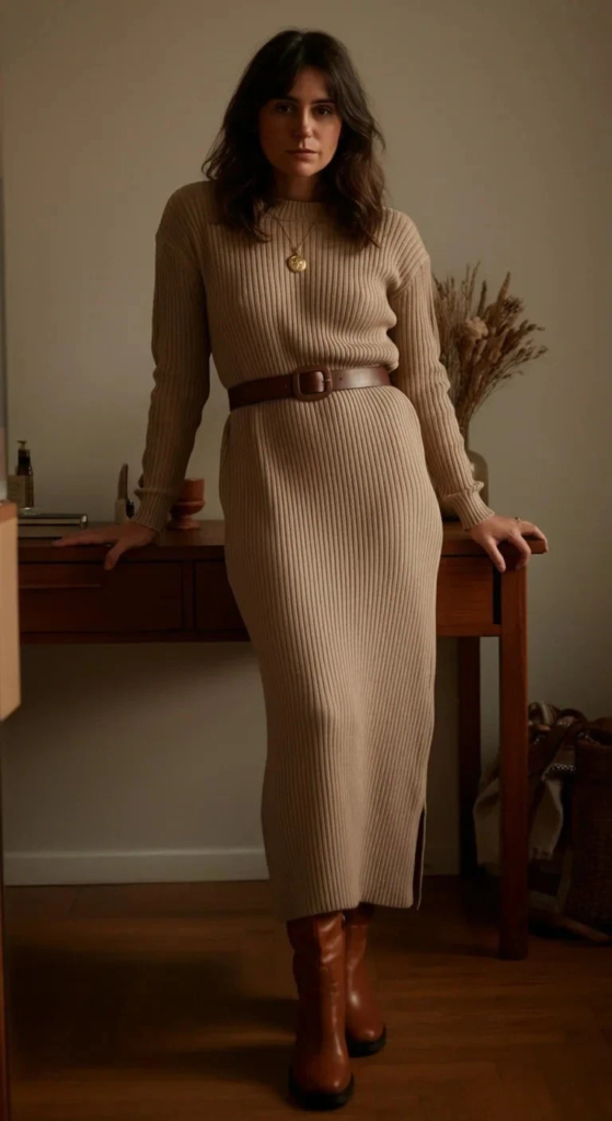 Knit Column Dress and Leather Accessories