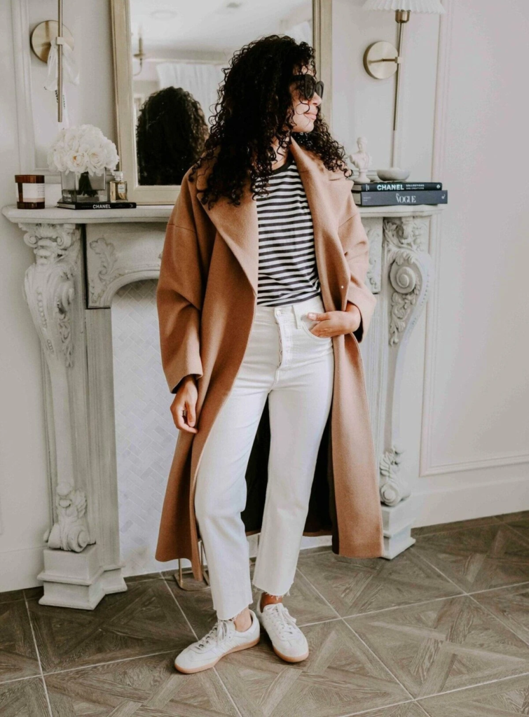 Camel Coat and Striped Tee Combo