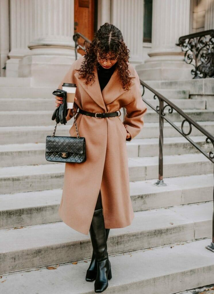 Camel Coat with Sleek Accessories