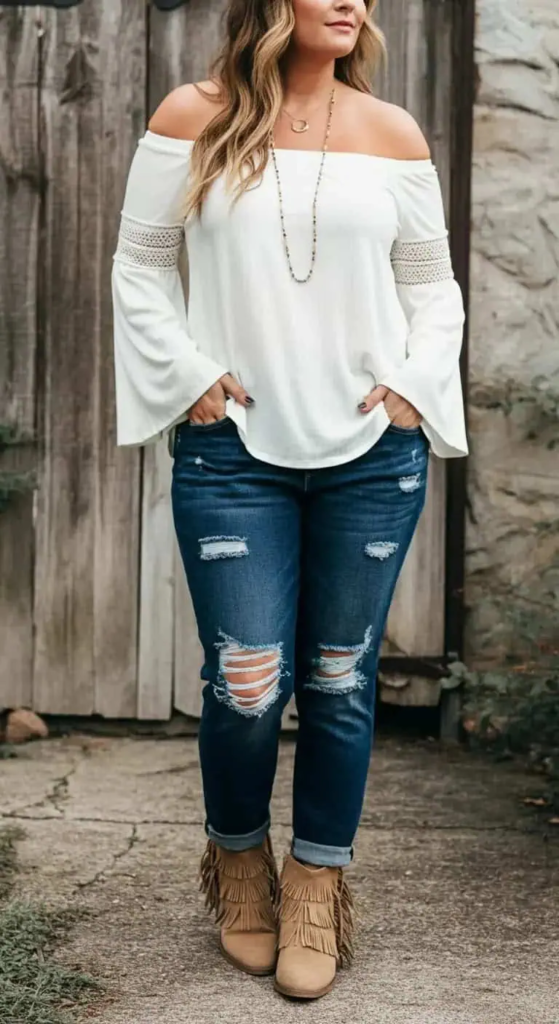 Ripped Jeans and Off-Shoulder Top