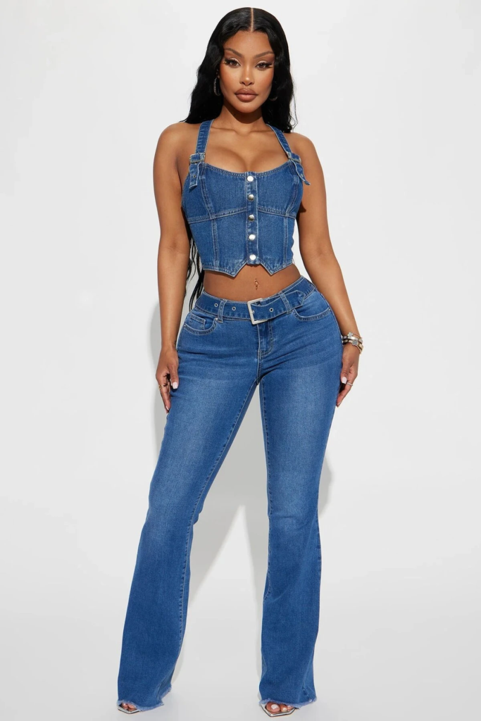 Denim-on-Denim Flared Jeans Ensemble