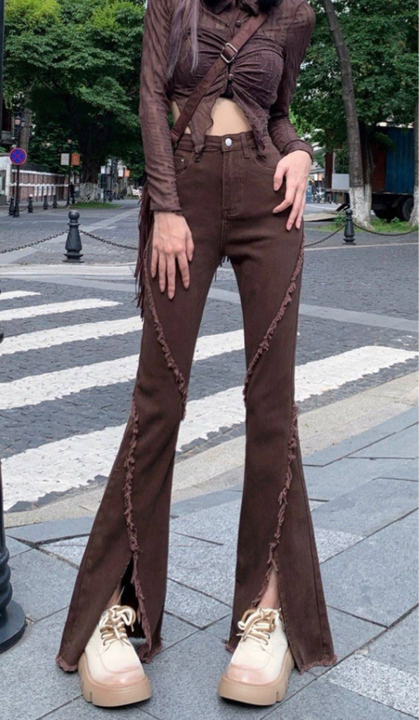 Brown Frayed Flares with Platforms