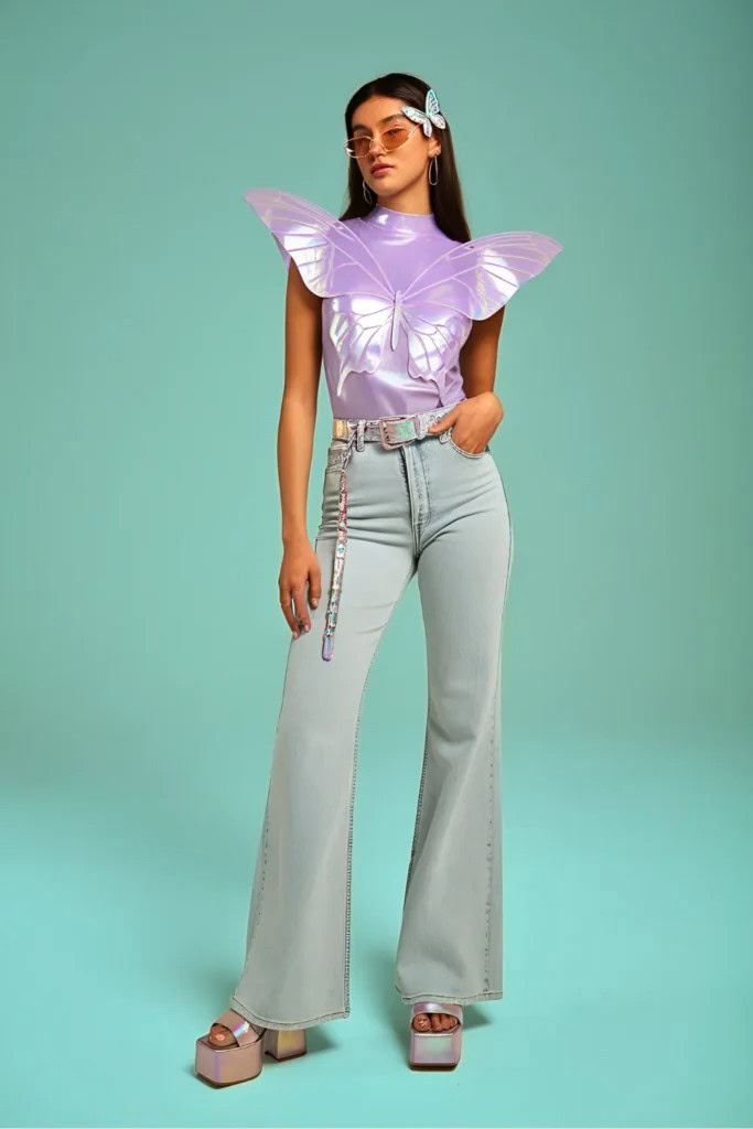 Butterfly Top Meets Flared Denim