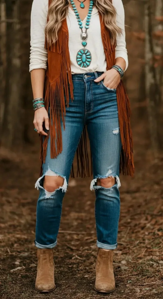 Distressed Denim and Fringe Vest