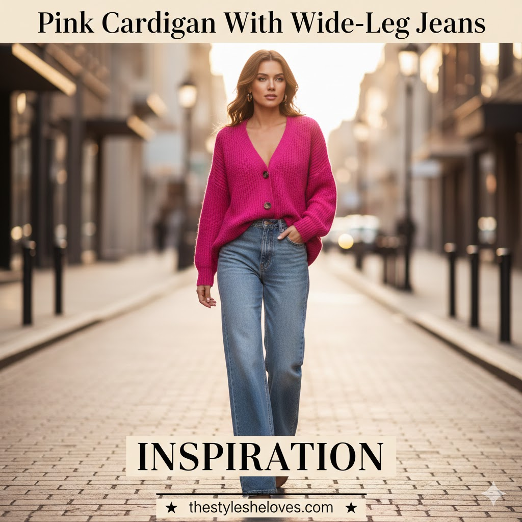 Pink Cardigan With Wide-Leg Jeans
