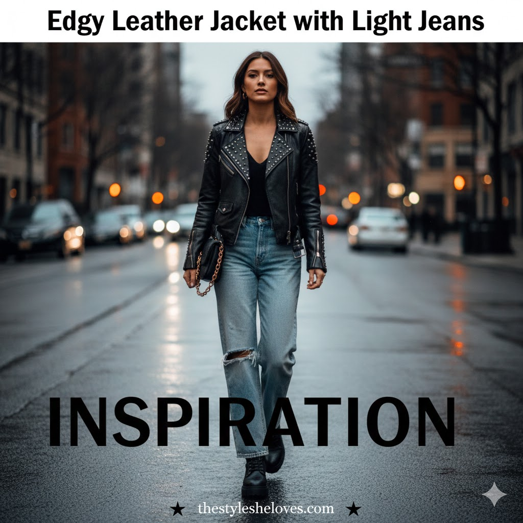 Edgy Leather Jacket with Light Jeans