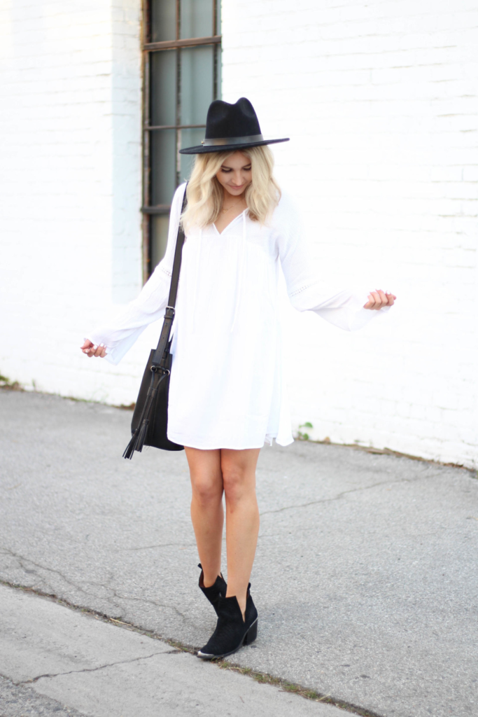 White Boho Dress with Black Boots