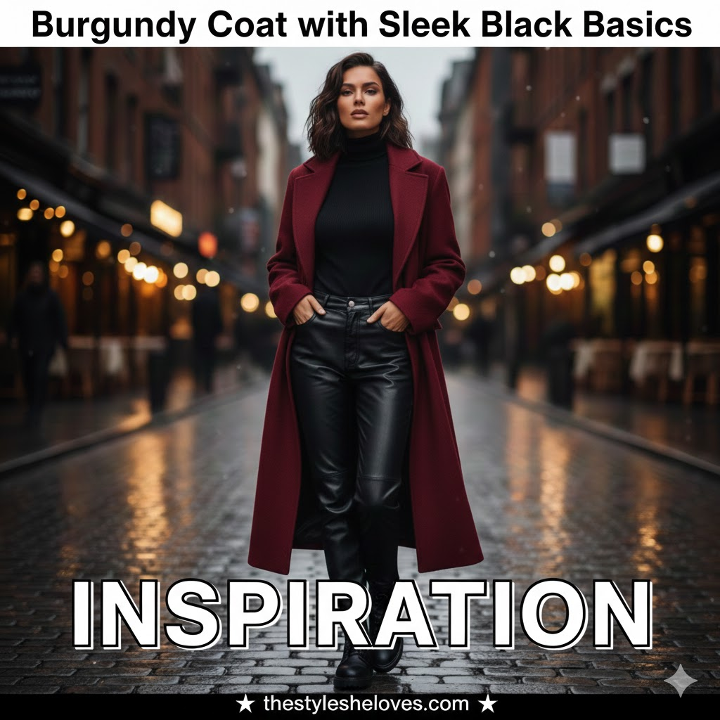 Burgundy Coat with Sleek Black Basics