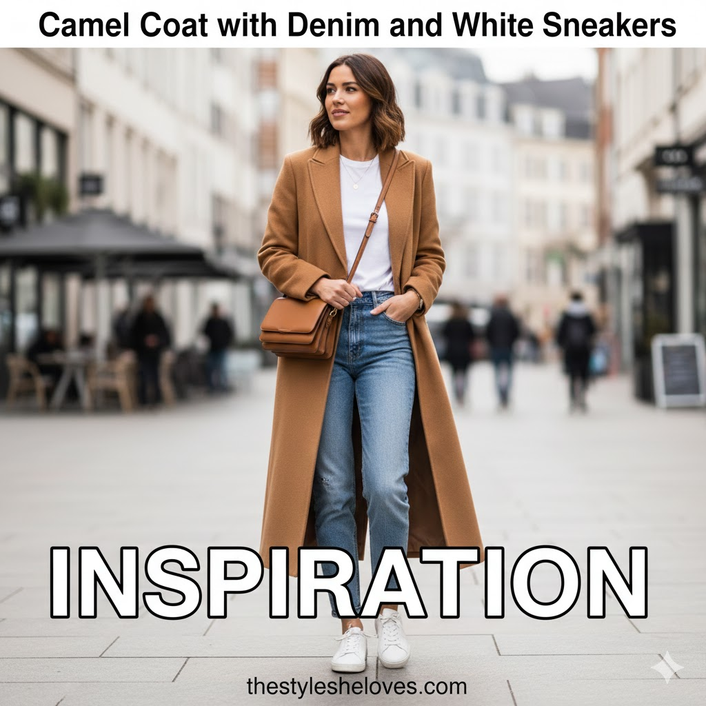Camel Coat with Denim and White Sneakers