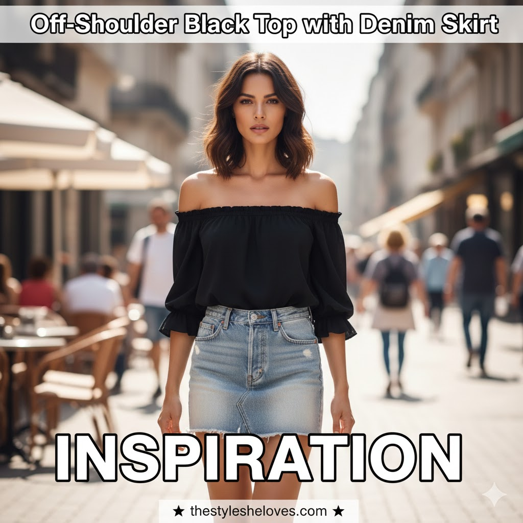 Off-Shoulder Black Top with Denim Skirt