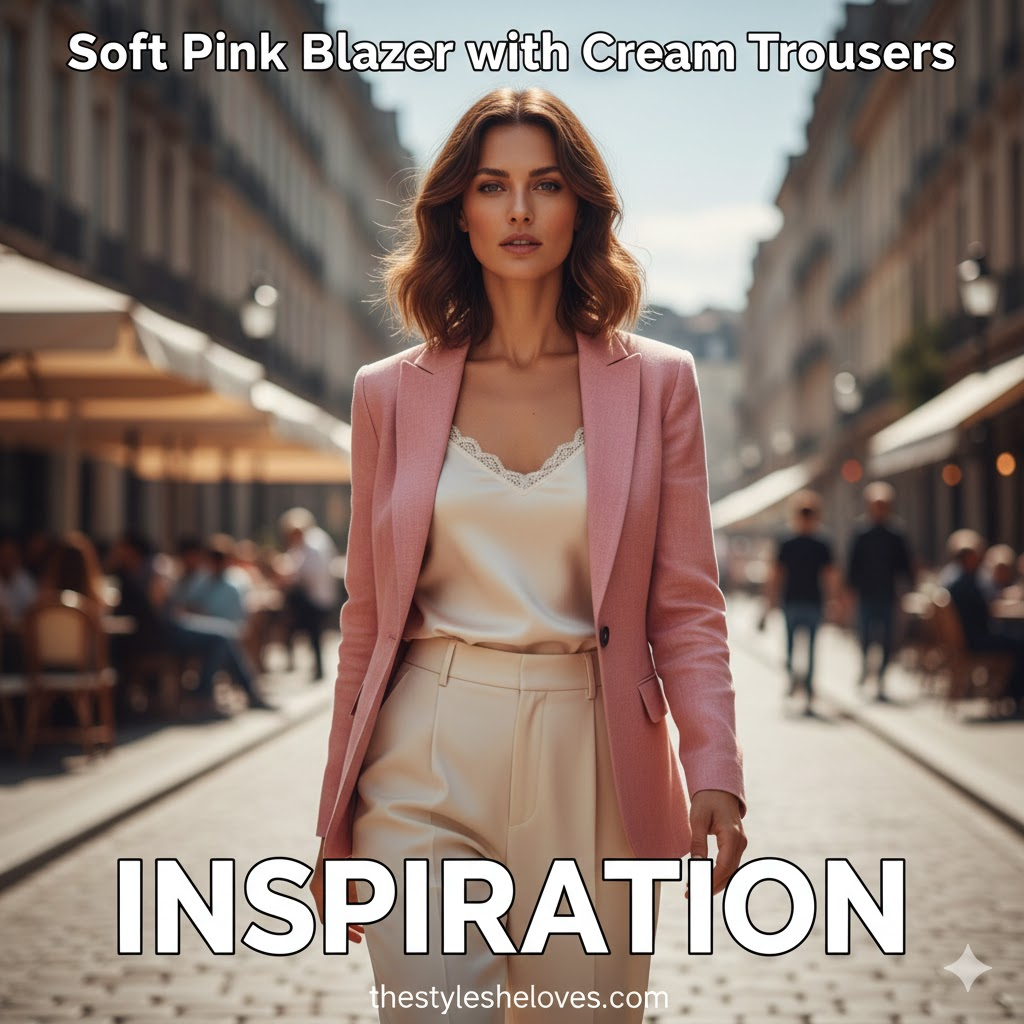 Soft Pink Blazer with Cream Trousers