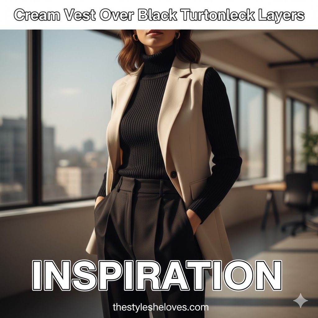 Cream Vest Over Black Turtleneck Layers