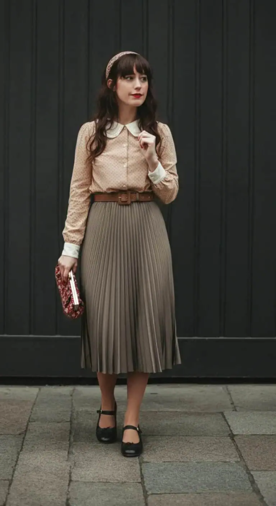 Midi Pleated Skirt and Blouse Combination